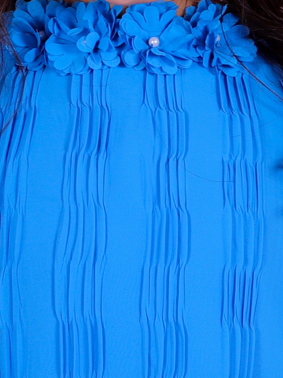 Flared Sleeves Knee Length A-Line pleated georgette casual dress blue view 4