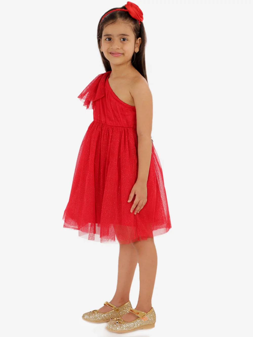 Red Shimmery One Shoulder Party Dress for Kids view 3