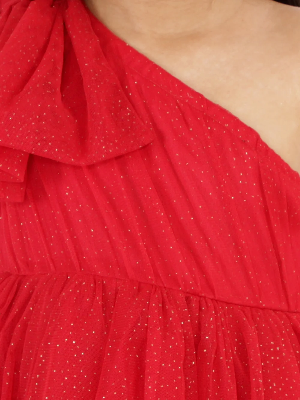 Red Shimmery One Shoulder Party Dress for Kids view 5