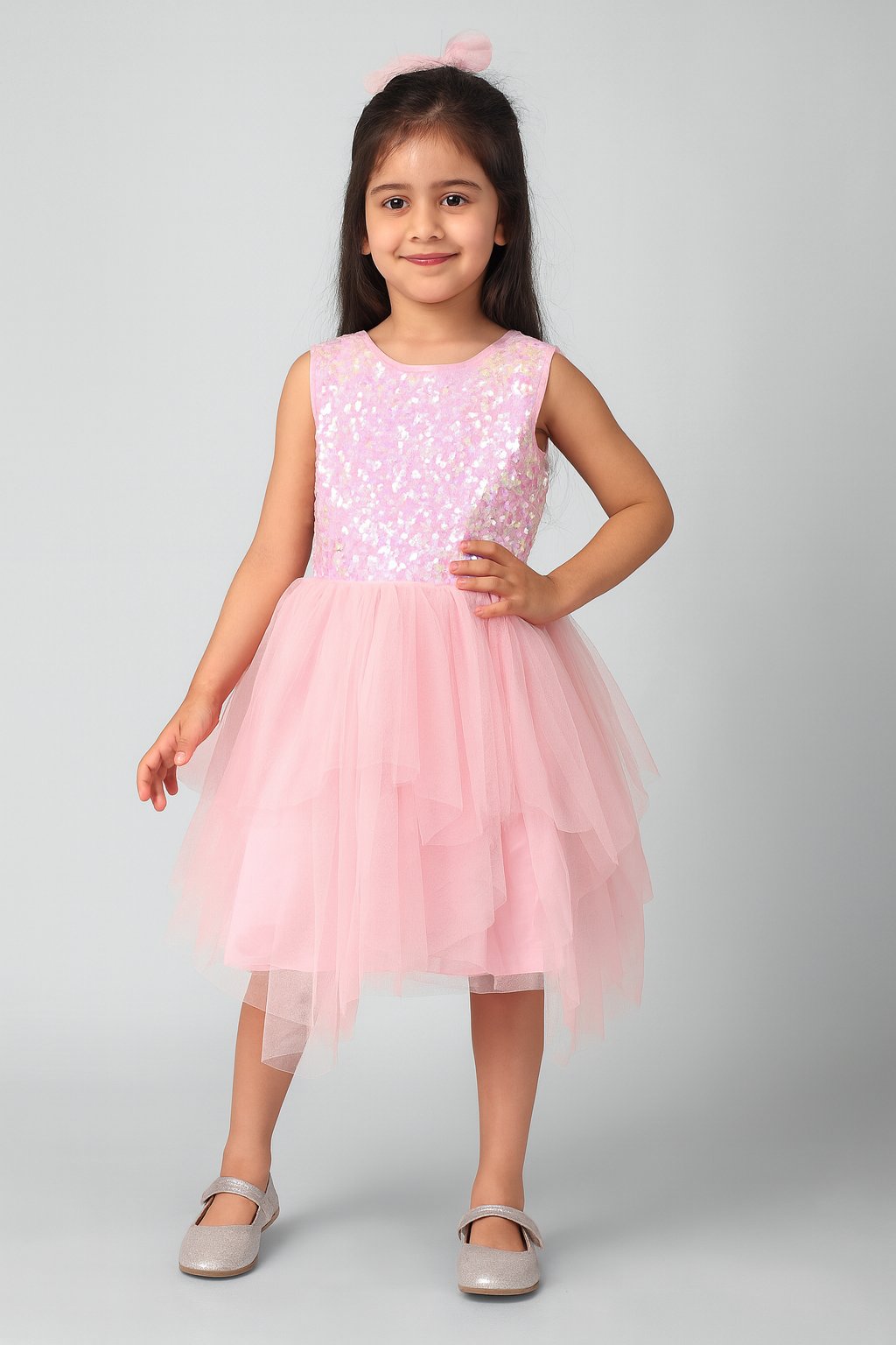 Charming Pink Sequenced Pleated Net Dress