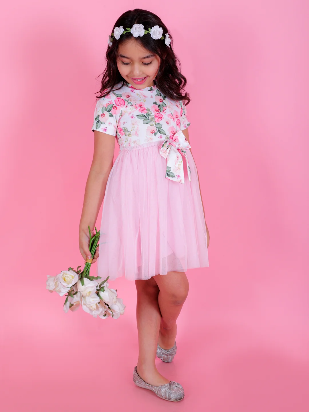 Half sleeves knee length ponte and net fit and flare casual dress with bow pink