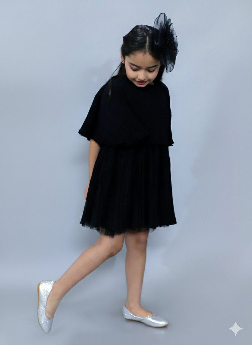 KidsDew double pleated layered cape Fit and flare knee length casual dress black view 3