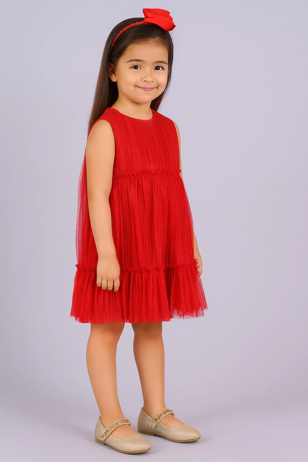 Glamorous Red Glitter Net Pleated Party Dress view 3