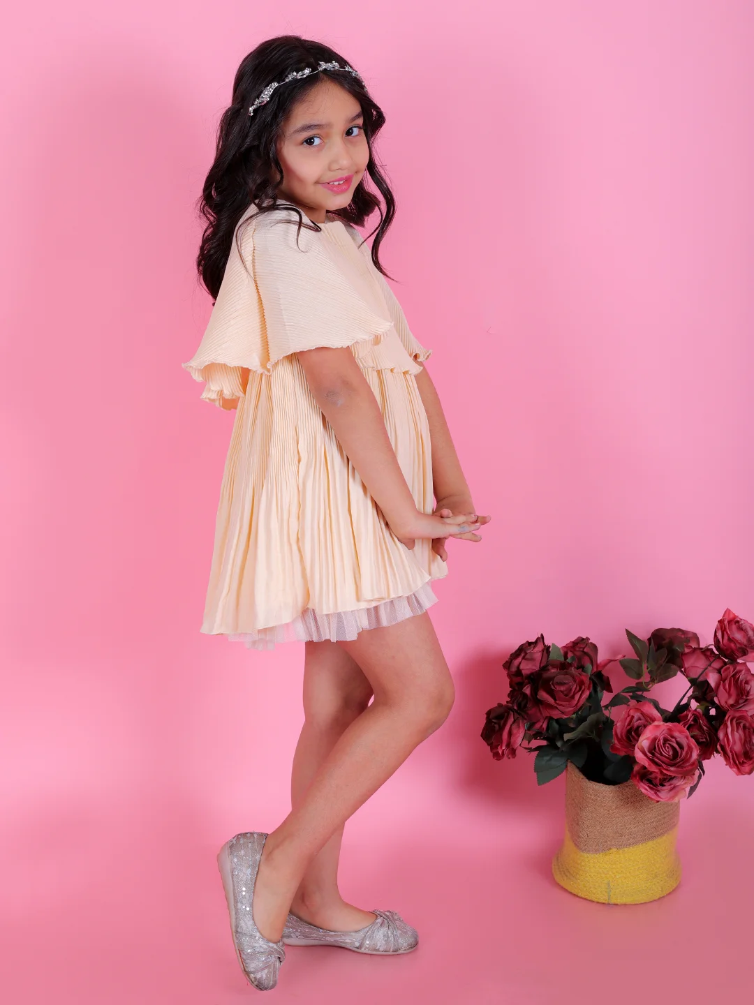 KidsDew double pleated layered cape Fit and flare knee length casual dress beige view 2