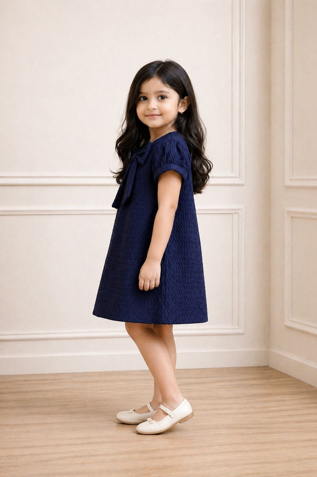 Classic Navy Blue Textured Bow Dress view 3