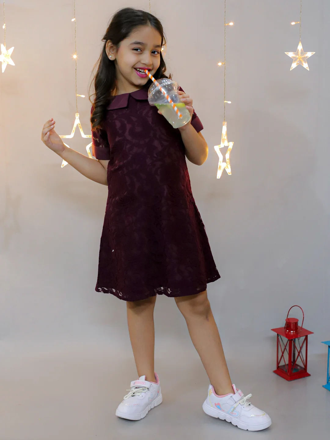 KIDSDEW HALF SLEEVES KNEE LENGTH A-LINE DESIGN NET DRESS WITH PETERPAN COLLAR WINE