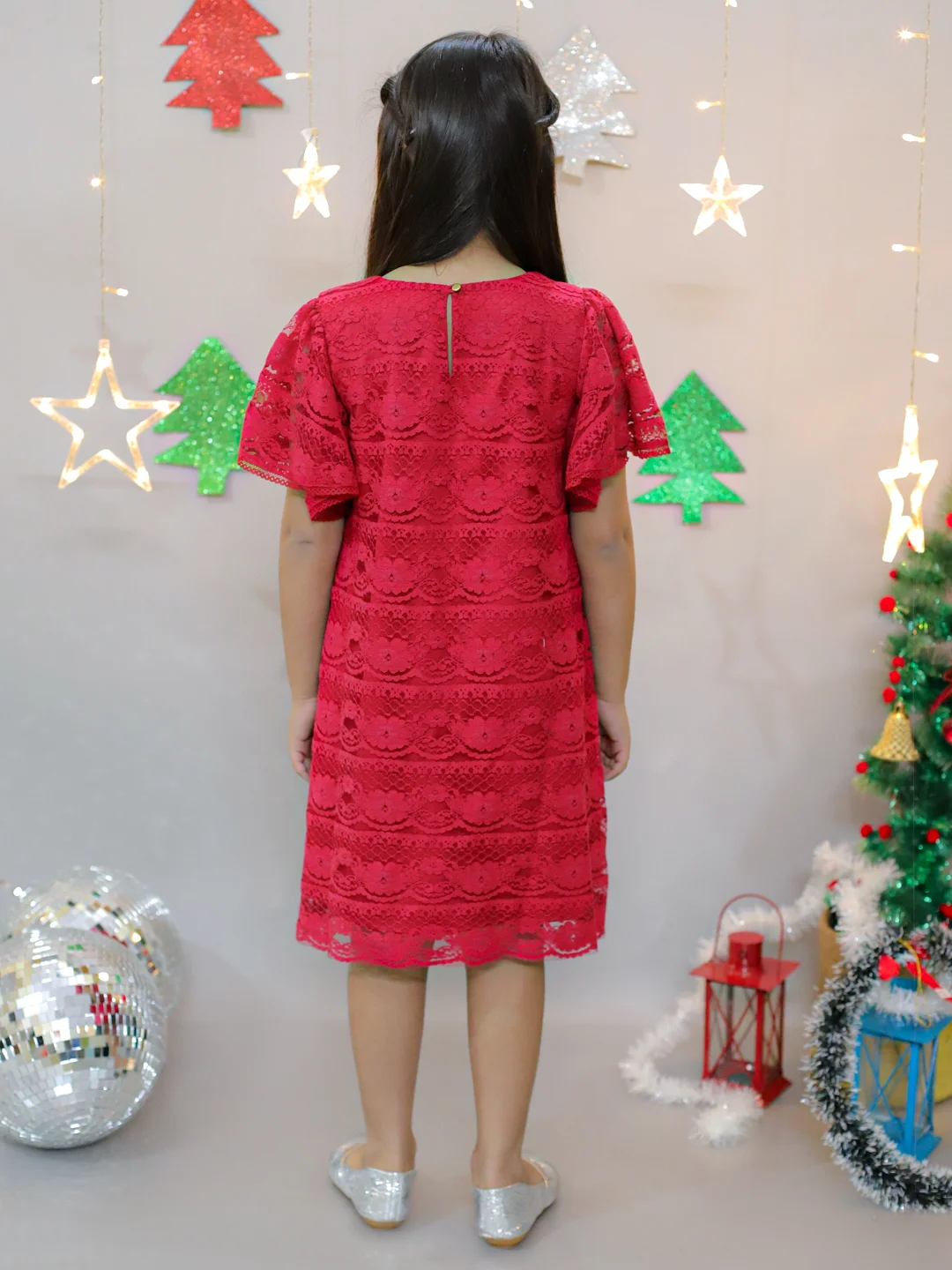 Flared Sleeves Knee Length A-Line Design Net Dress view 5