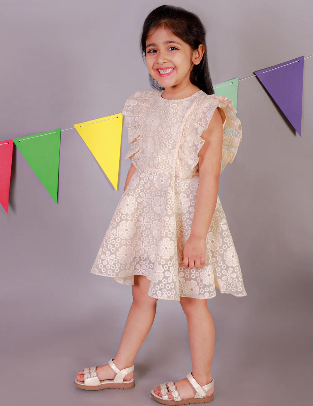 Elegant Beige Embroidered Organza Dress view 2