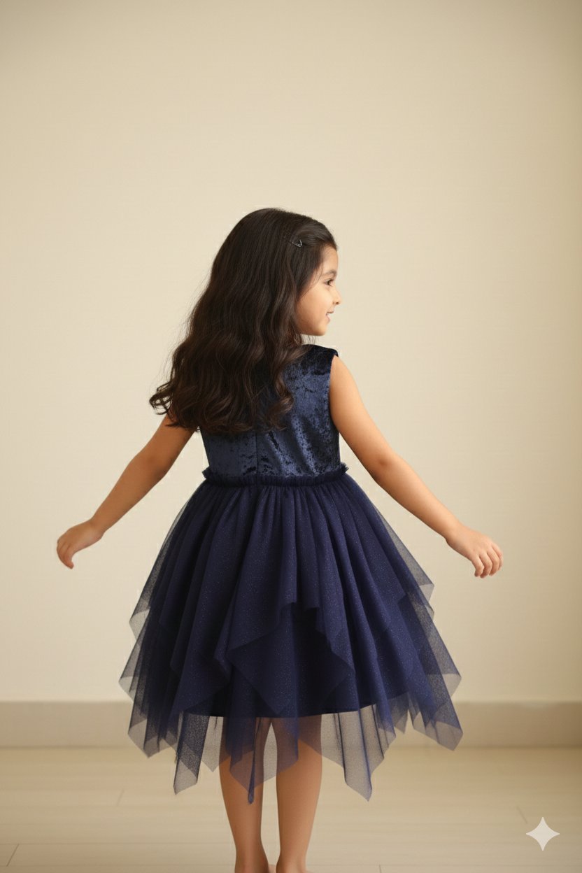 Chic Navy Velvet and Glitter Net Party Dress view 2