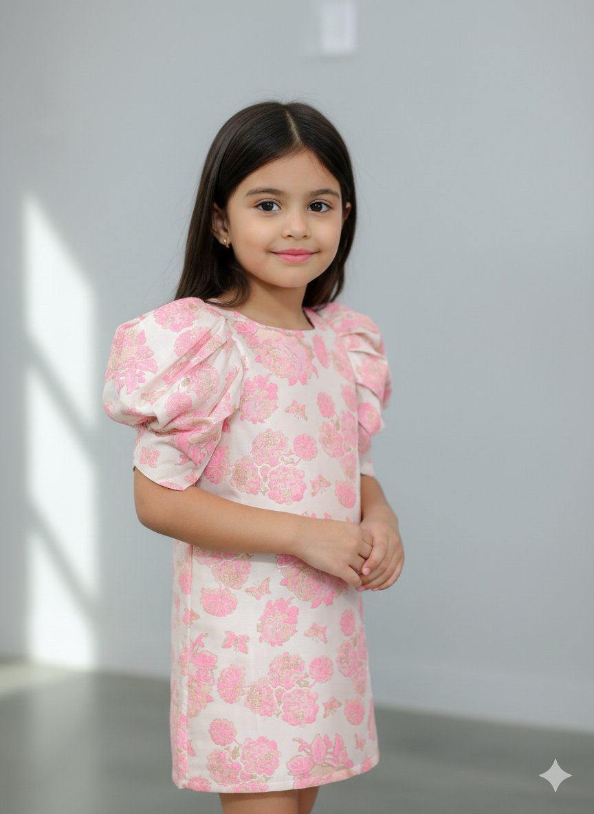 Navy Jacquard Puff Sleeves A-Line Dress