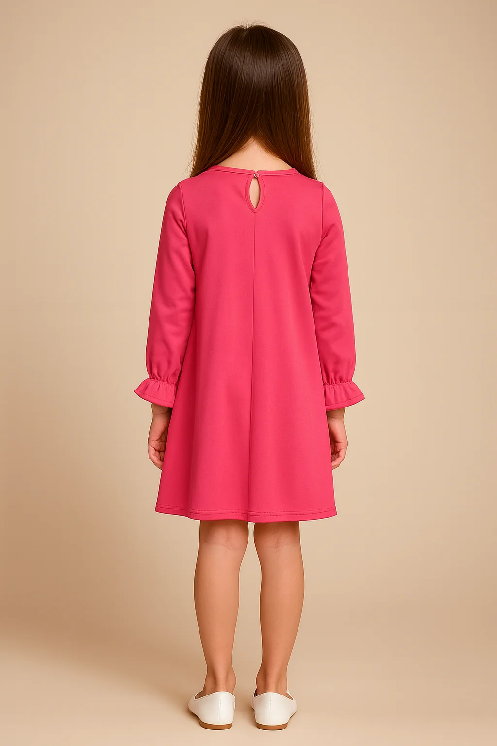 Kidsdew full sleeves Scuba A- line knee length dress with side bow fuchsia view 3