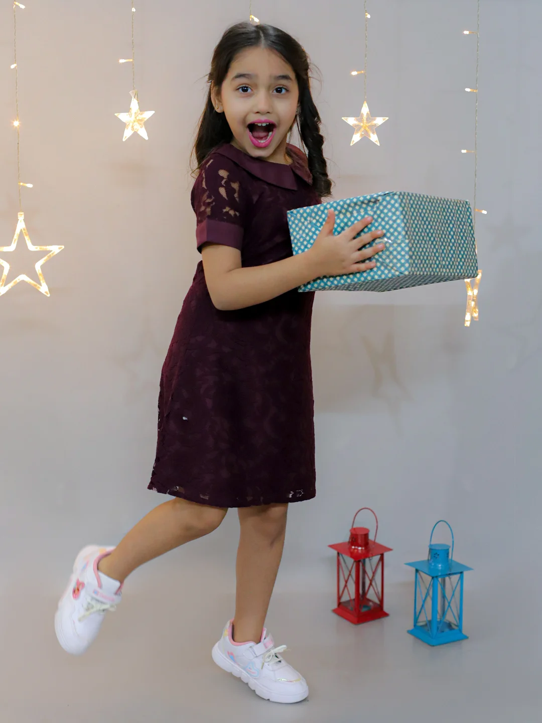 KIDSDEW HALF SLEEVES KNEE LENGTH A-LINE DESIGN NET DRESS WITH PETERPAN COLLAR WINE view 3