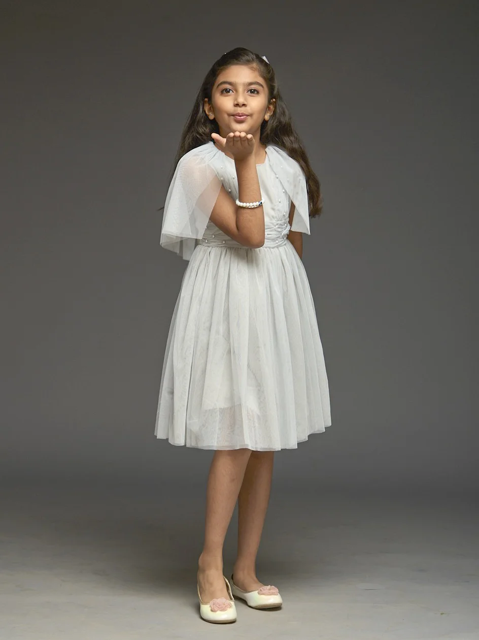 Kidsdew Sleeveless Net Fit and Flare Knee Length Dress Grey view 3