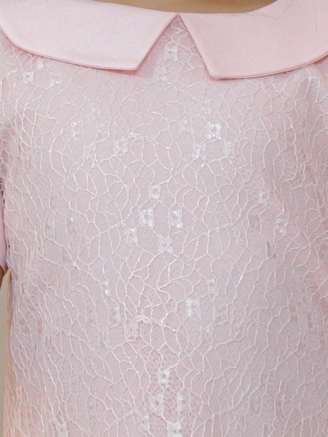 KIDSDEW HALF SLEEVES KNEE LENGTH A-LINE DESIGN NET DRESS WITH PETERPAN COLLAR PEACH view 4