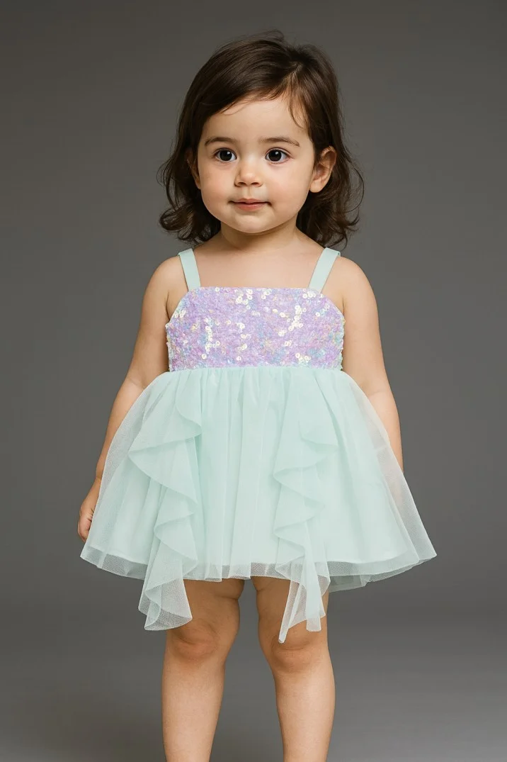 Kidsdew sleeveless Net fit and flare Above Knee Length dress Mint Green