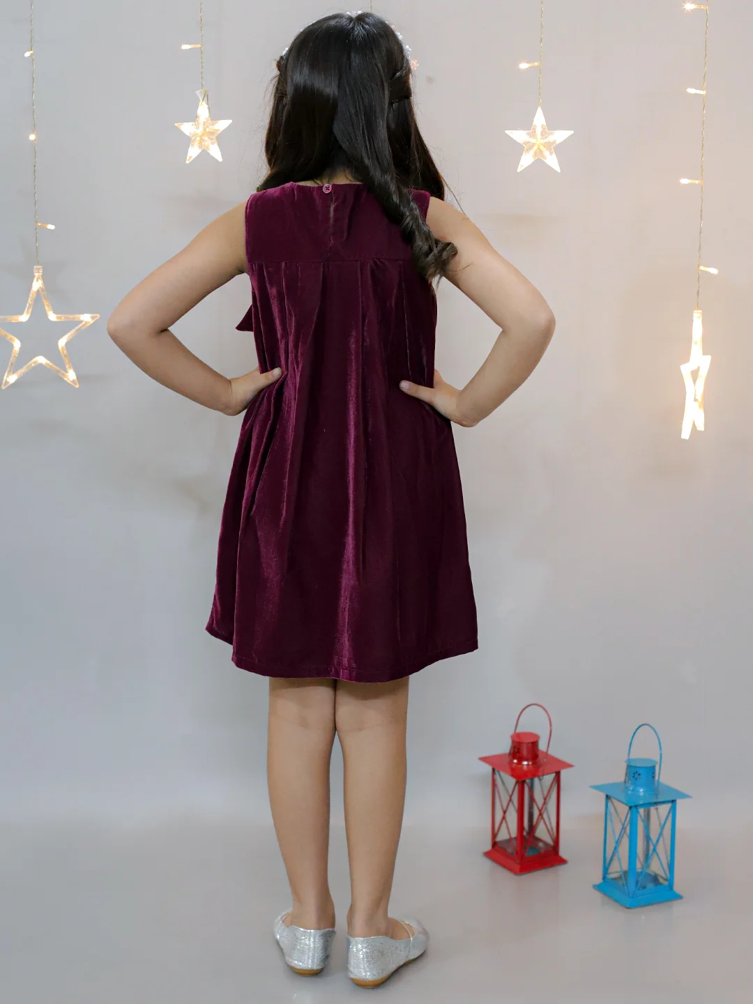 KIDSDEW SLEEVELESS A-LINE VELVET WITH BOW KNEE LENGTH PARTY DRESS WINE view 3