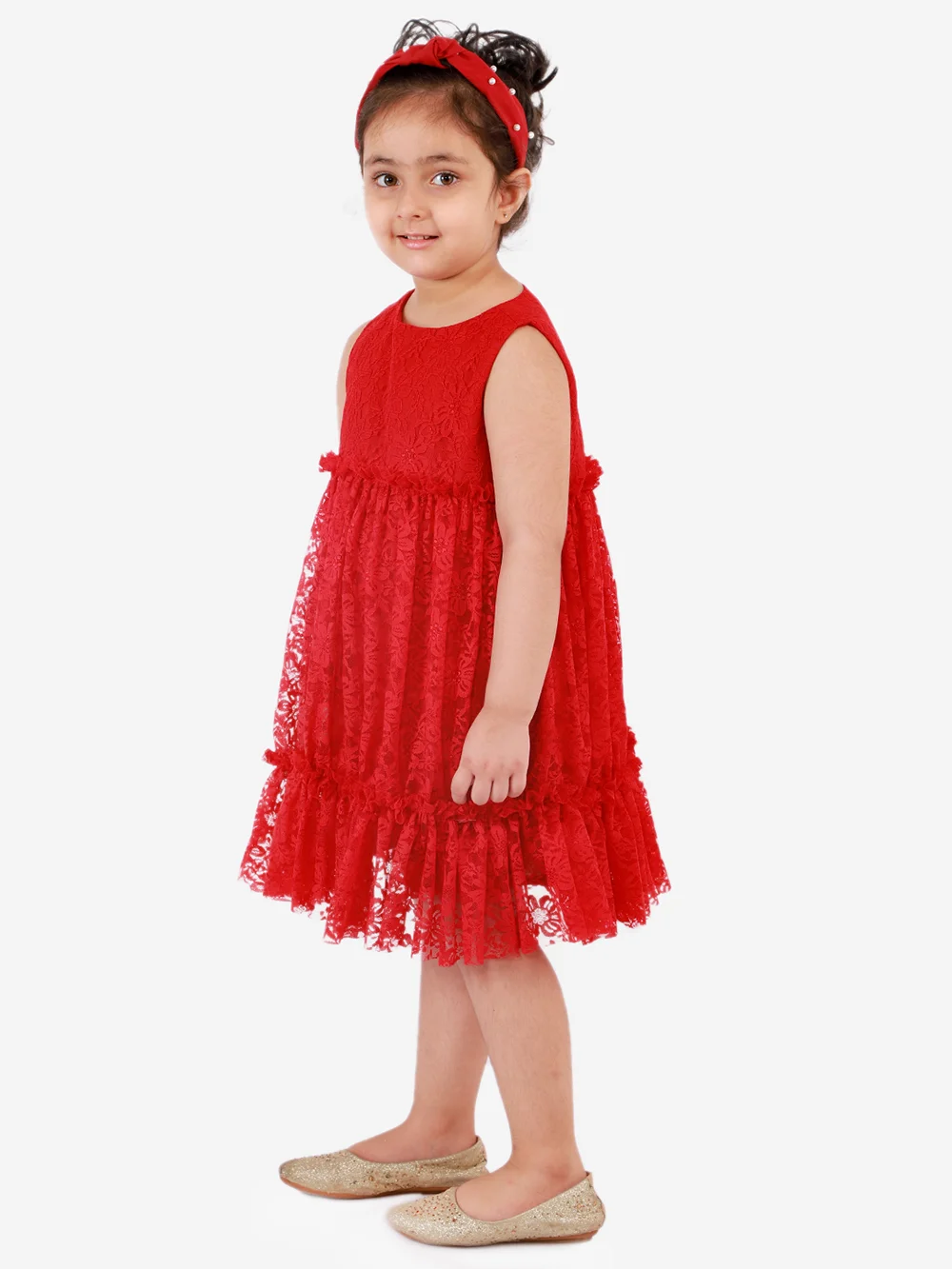 Elegant Red Sleeveless Pleated Net Party Dress view 3