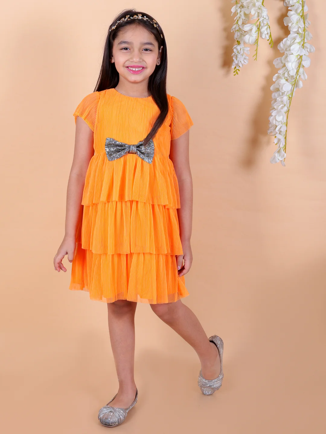 Half sleeves knee length net fit and flare party dress with sequence bow orange