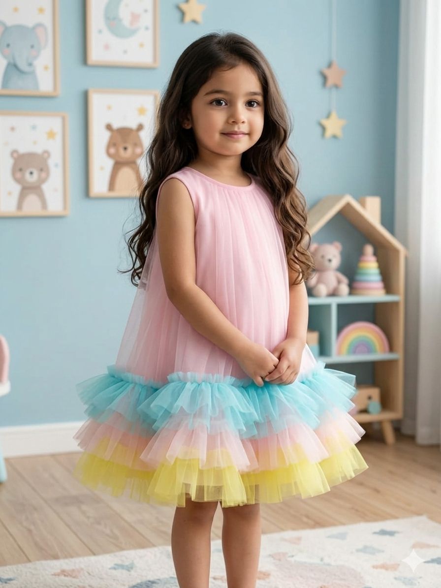 Pastel Rainbow Ruffle Tulle Party Dress