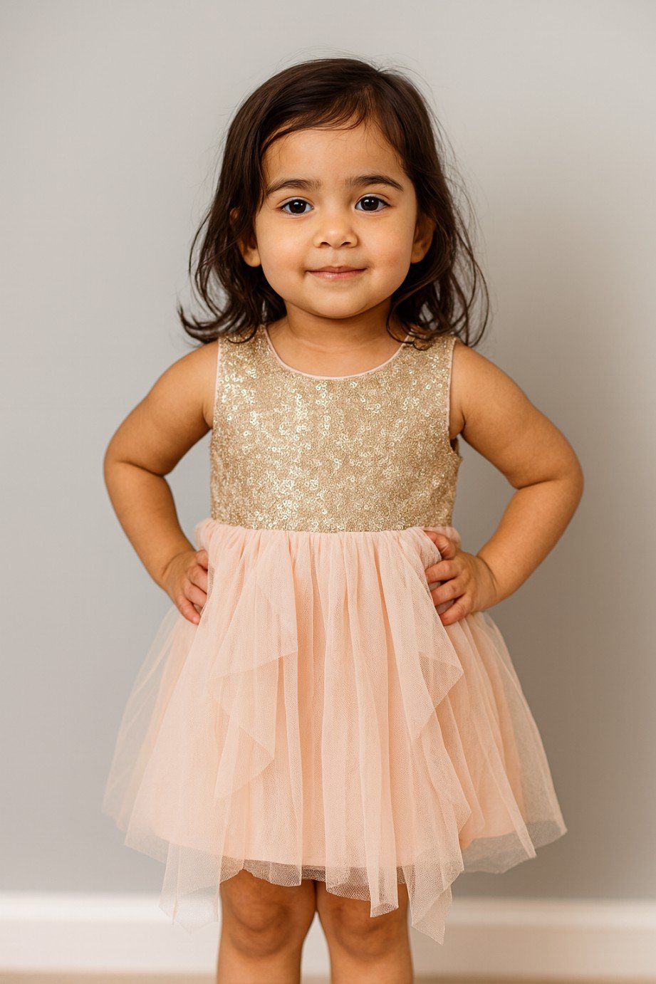 Gold Sequin Bodice Peach Tulle Toddler Dress