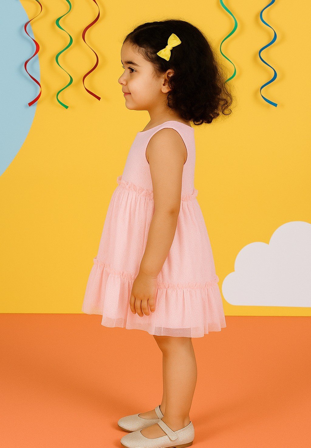 Charming Light Pink Glitter Net Pleated Dress view 3