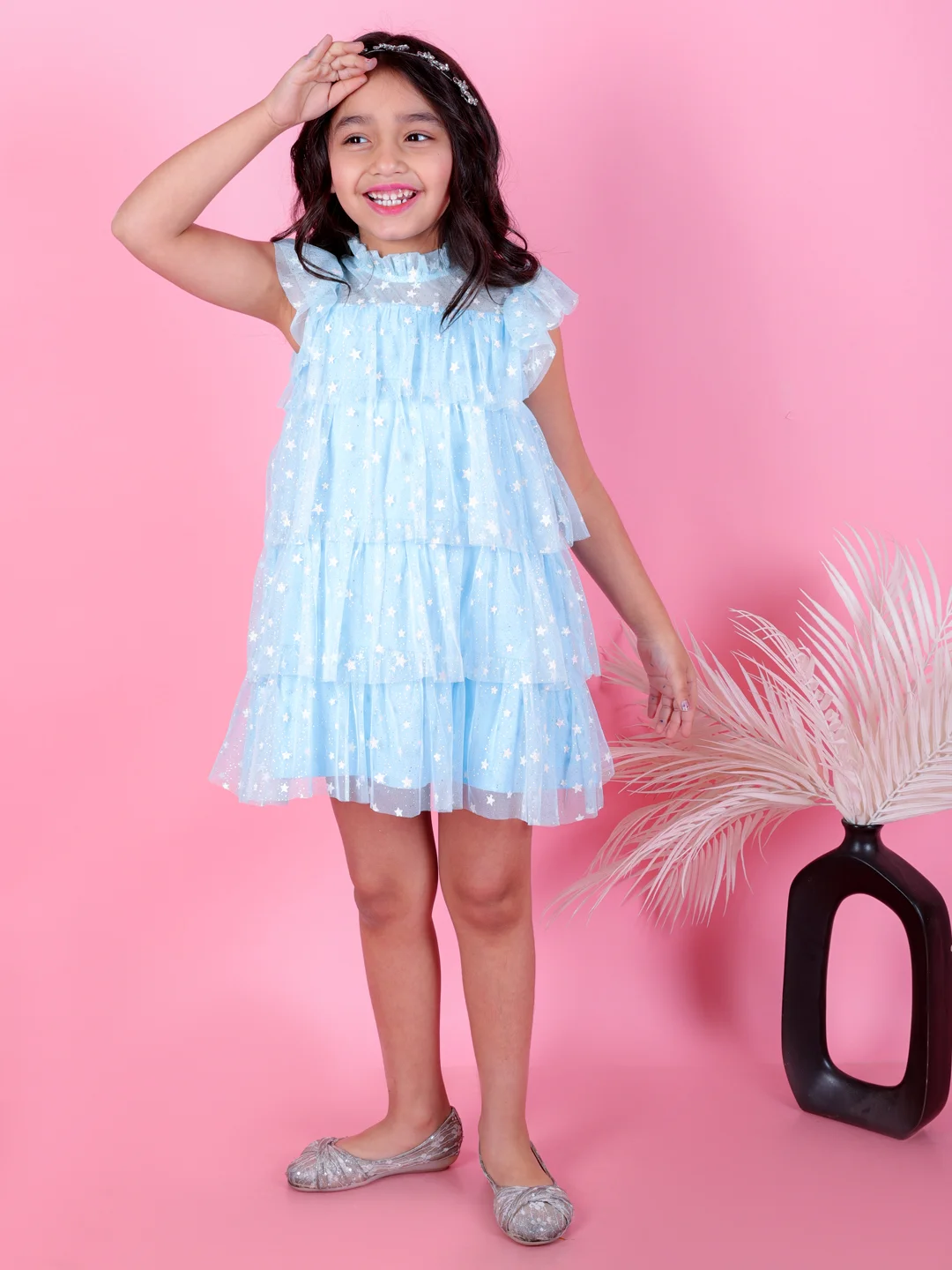 Sleeveless Layered Dress Knee Length Star Foiled Net Party Dress Blue view 5