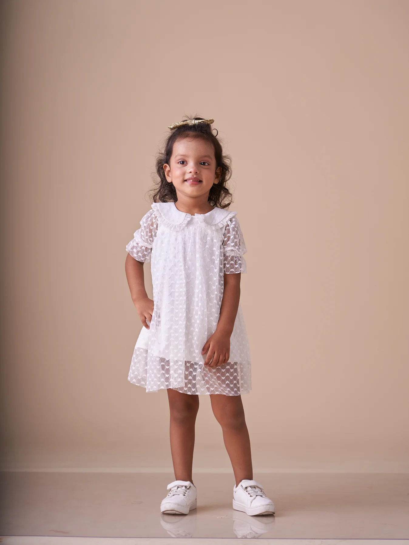 Dobby Net Half Sleeves A-Line Above Knee Length Dress with Collar White