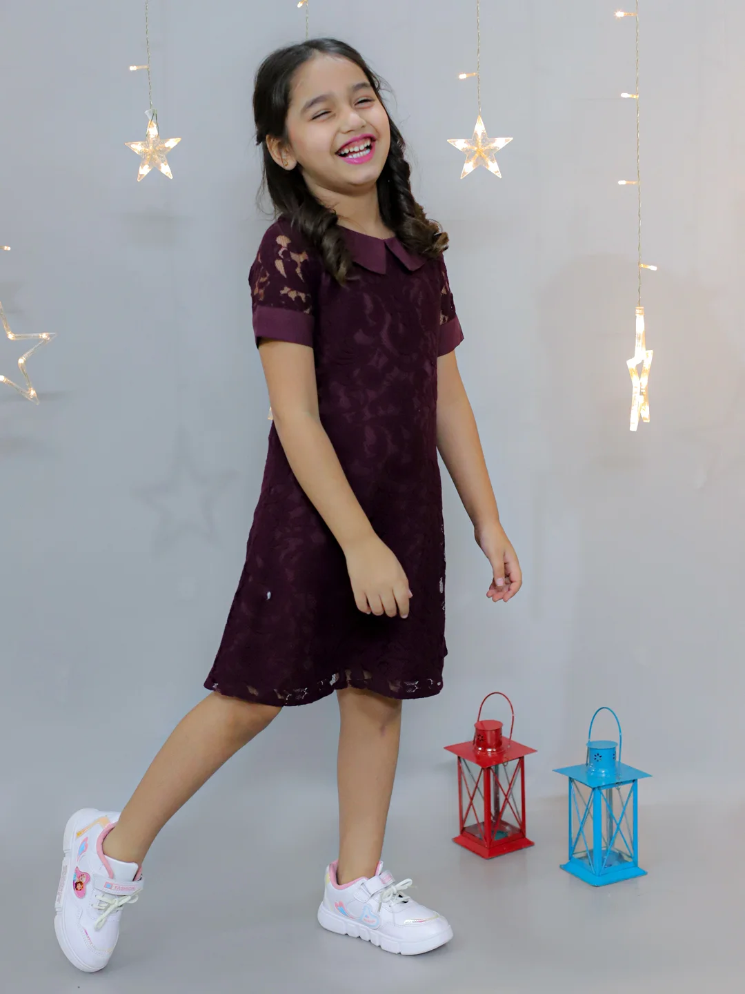 KIDSDEW HALF SLEEVES KNEE LENGTH A-LINE DESIGN NET DRESS WITH PETERPAN COLLAR WINE view 2