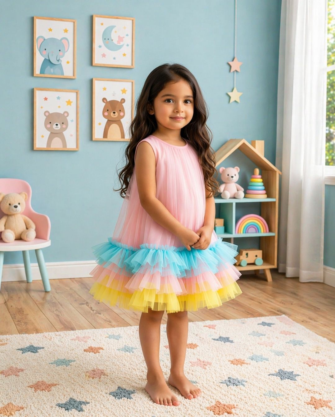 Pastel Rainbow Ruffle Tulle Party Dress