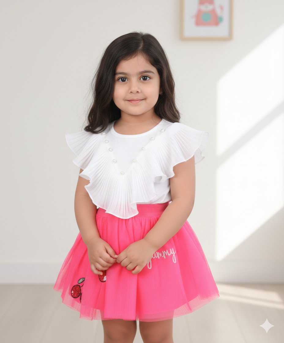 Stylish Pink Net Tuil Star Foiling Skirt