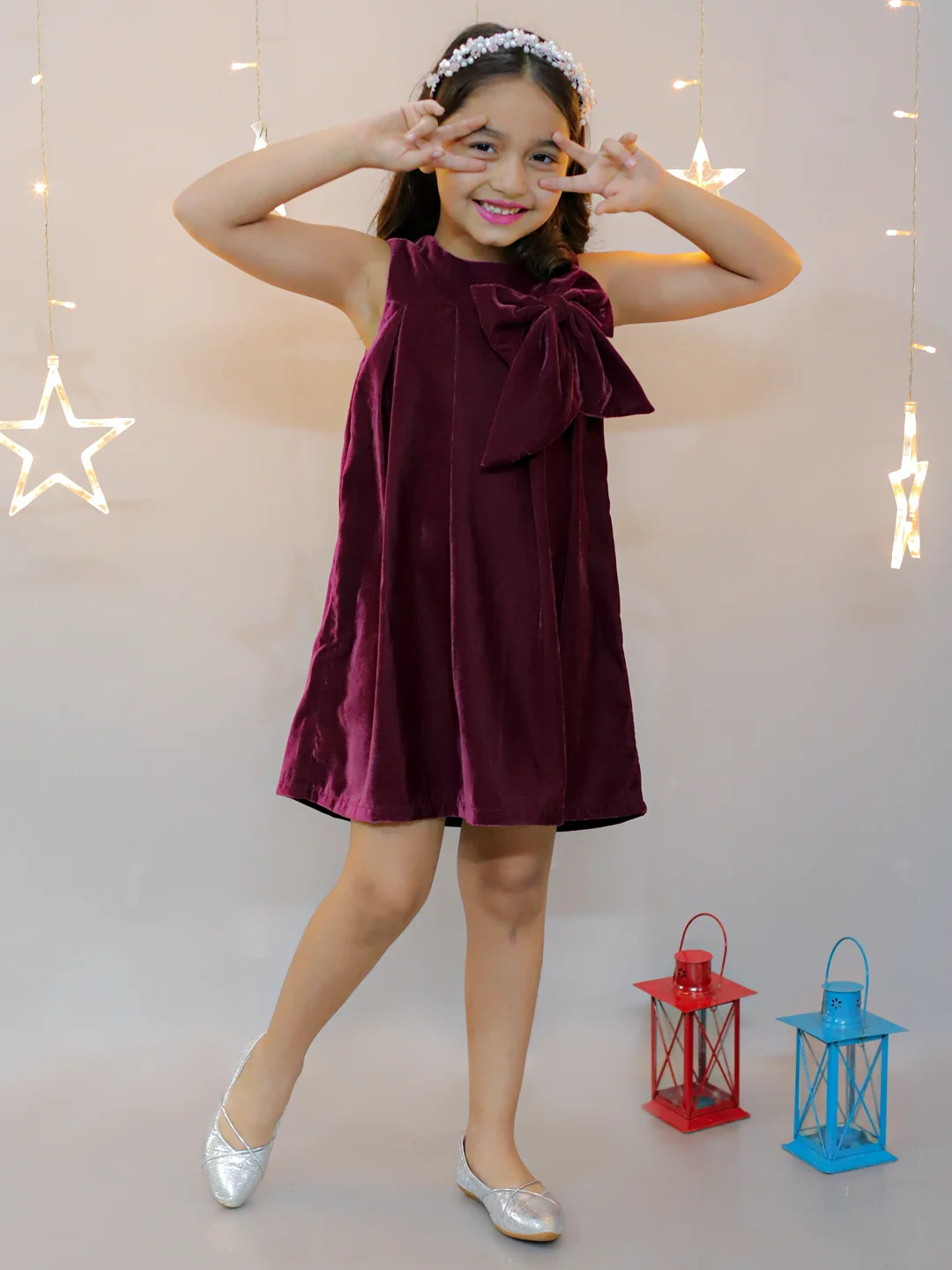 KIDSDEW SLEEVELESS A-LINE VELVET WITH BOW KNEE LENGTH PARTY DRESS WINE view 2