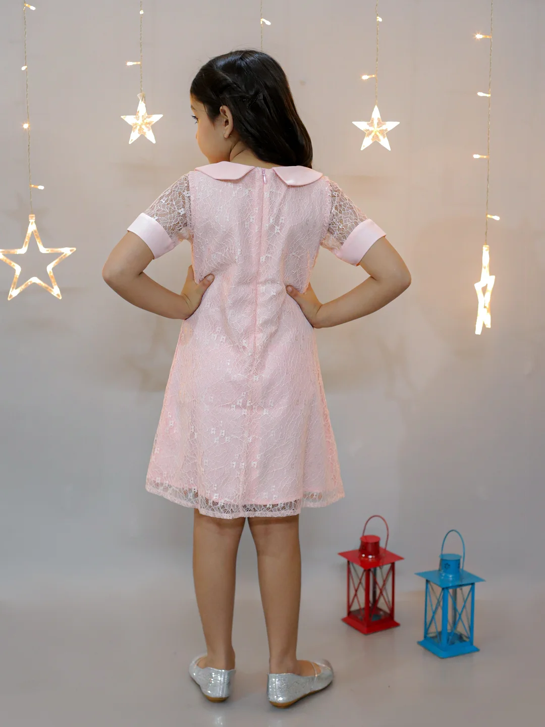 KIDSDEW HALF SLEEVES KNEE LENGTH A-LINE DESIGN NET DRESS WITH PETERPAN COLLAR PEACH view 5