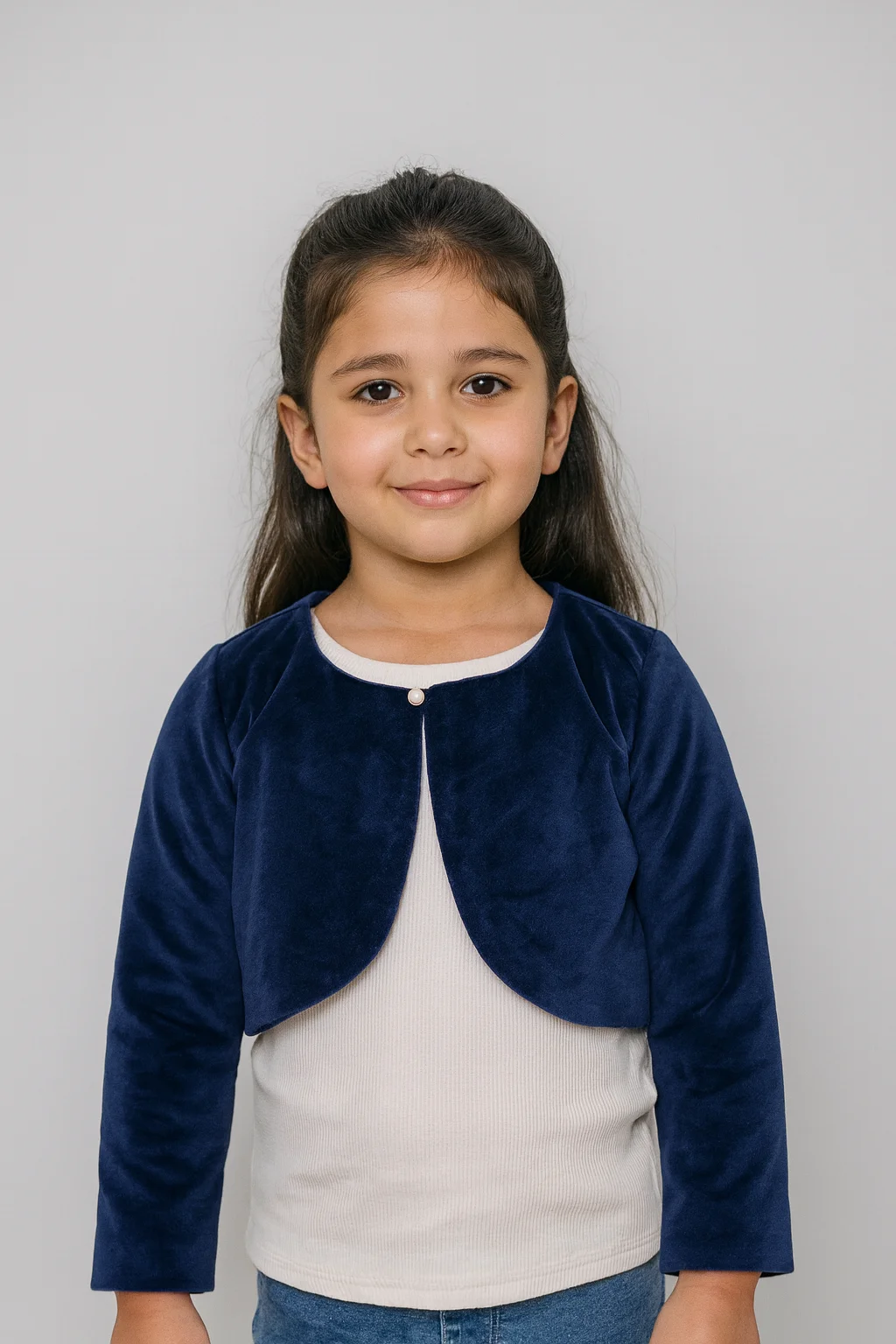 Navy Blue Velour Pearl Button Shrug