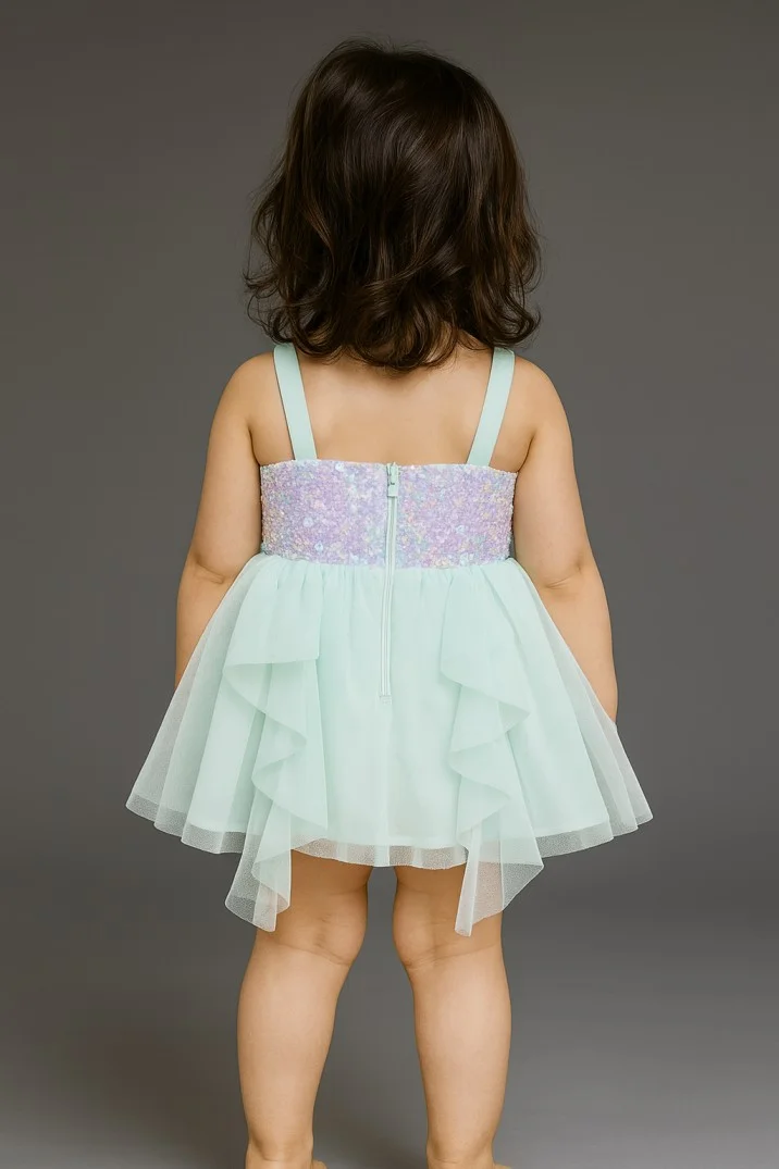 Kidsdew sleeveless Net fit and flare Above Knee Length dress Mint Green view 3