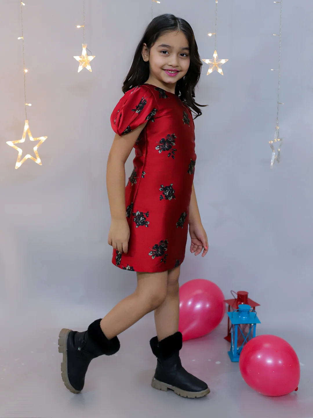 KIDSDEW PUFF SLEEVES A-LINE KNEE LENGTH JACQUARD DRESS RED view 2