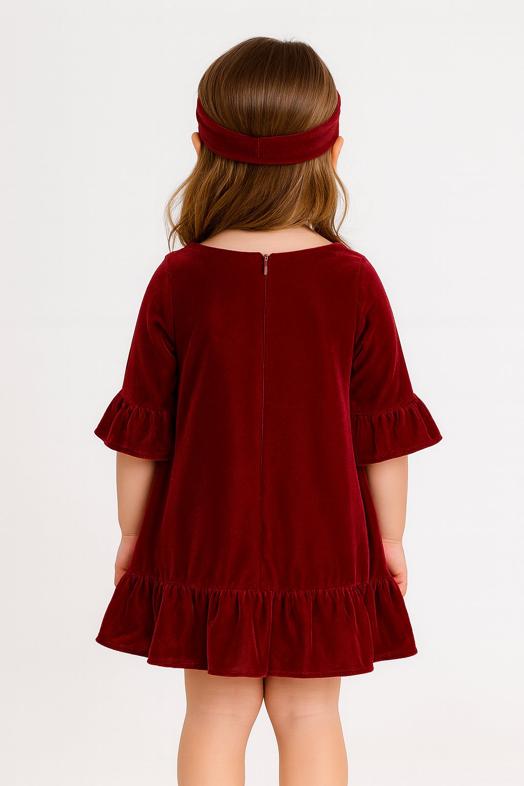 Luxurious Maroon Velvet Full Sleeves A-Line Dress for Girls view 3