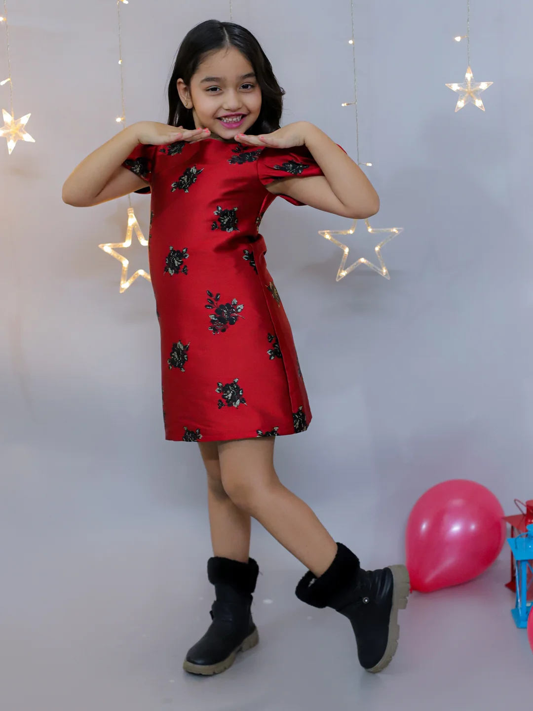 KIDSDEW PUFF SLEEVES A-LINE KNEE LENGTH JACQUARD DRESS RED