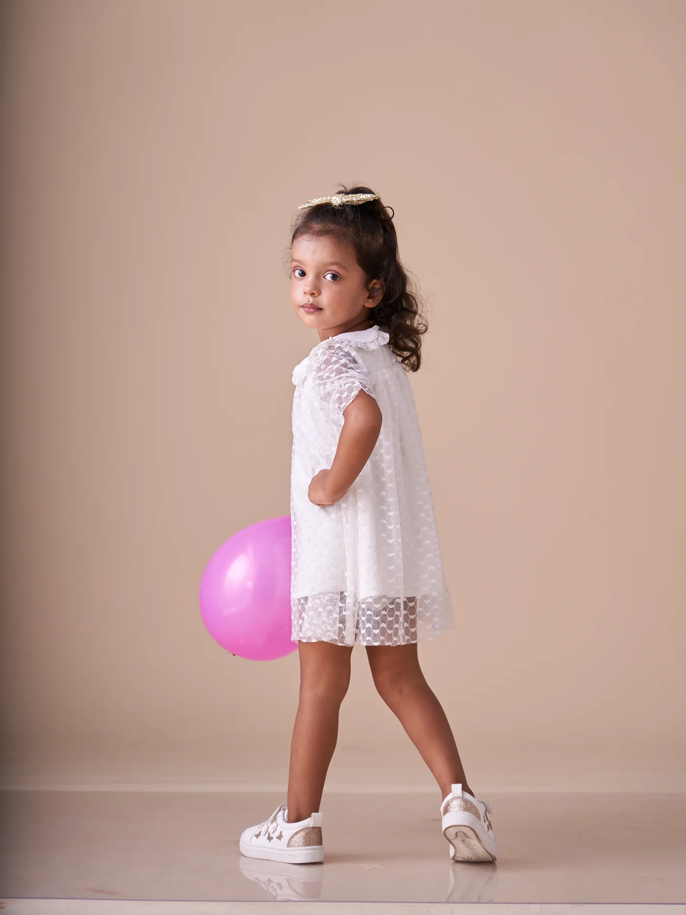 Dobby Net Half Sleeves A-Line Above Knee Length Dress with Collar White view 4