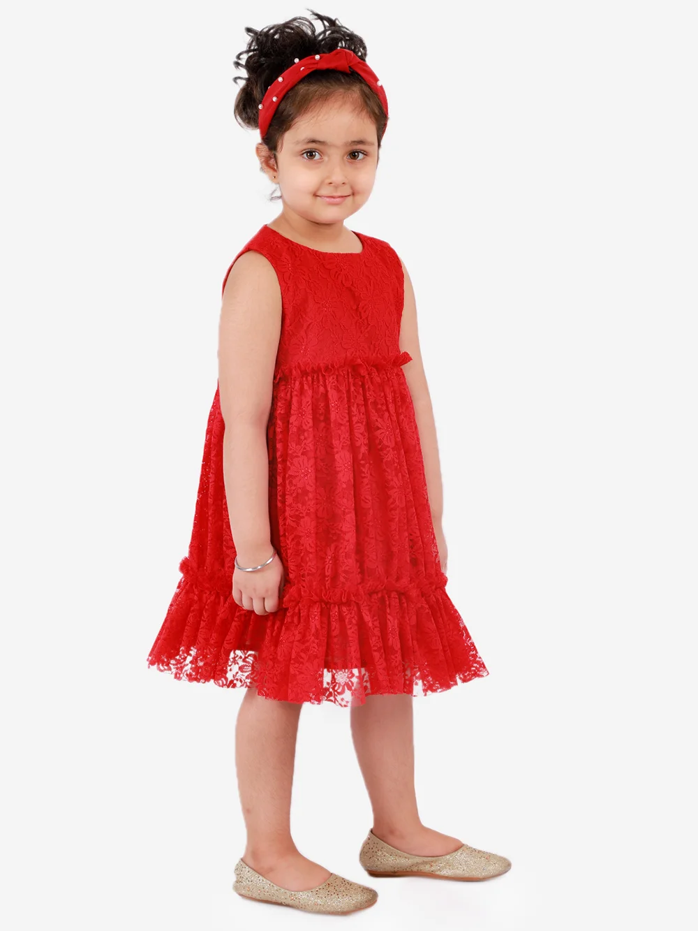Elegant Red Sleeveless Pleated Net Party Dress view 2