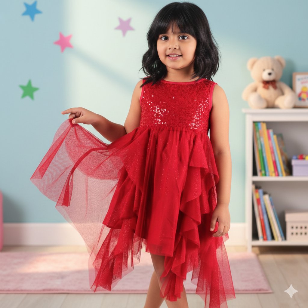 Elegant Maroon Sequined Tuil Party Dress