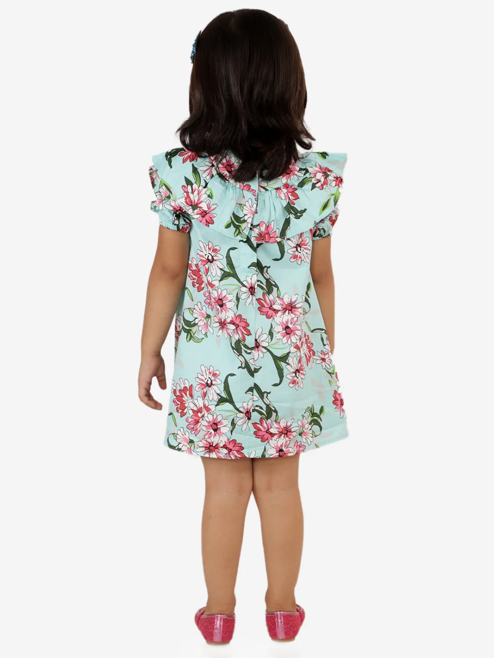 Green Floral Print Puff Sleeve Kids Casual Dress view 5