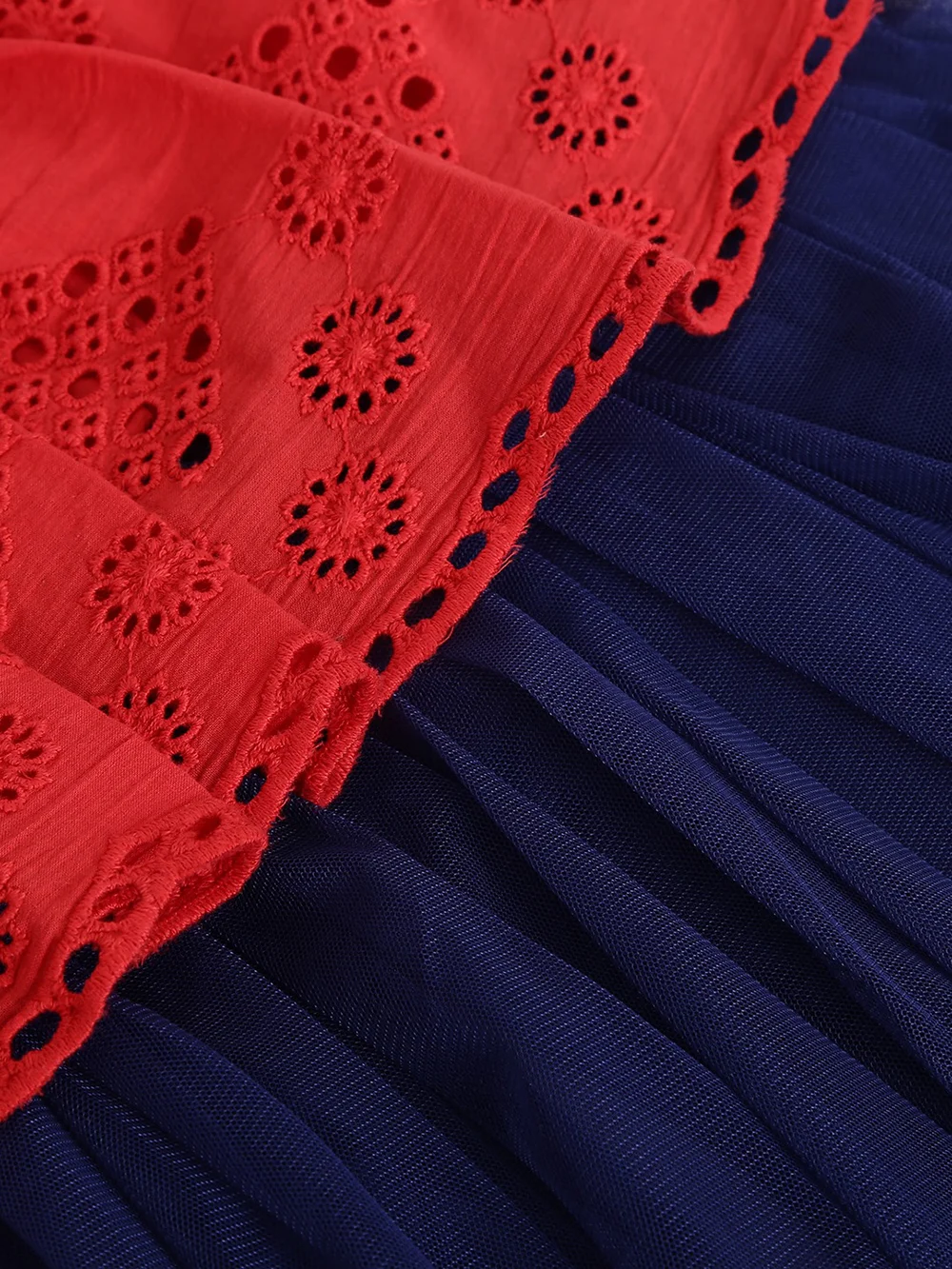 Timeless Elegance: Red & Blue Schiffli Cotton Dress view 4