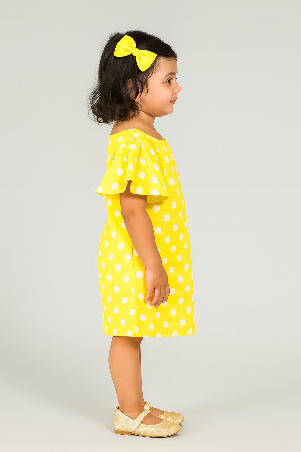 Charming Yellow Polka Dot Puffed Sleeves A-Line Dress view 2