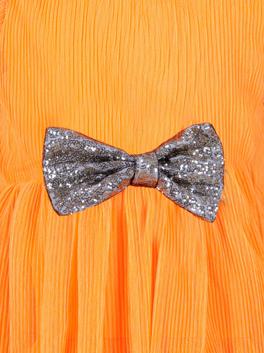 Half sleeves knee length net fit and flare party dress with sequence bow orange view 2