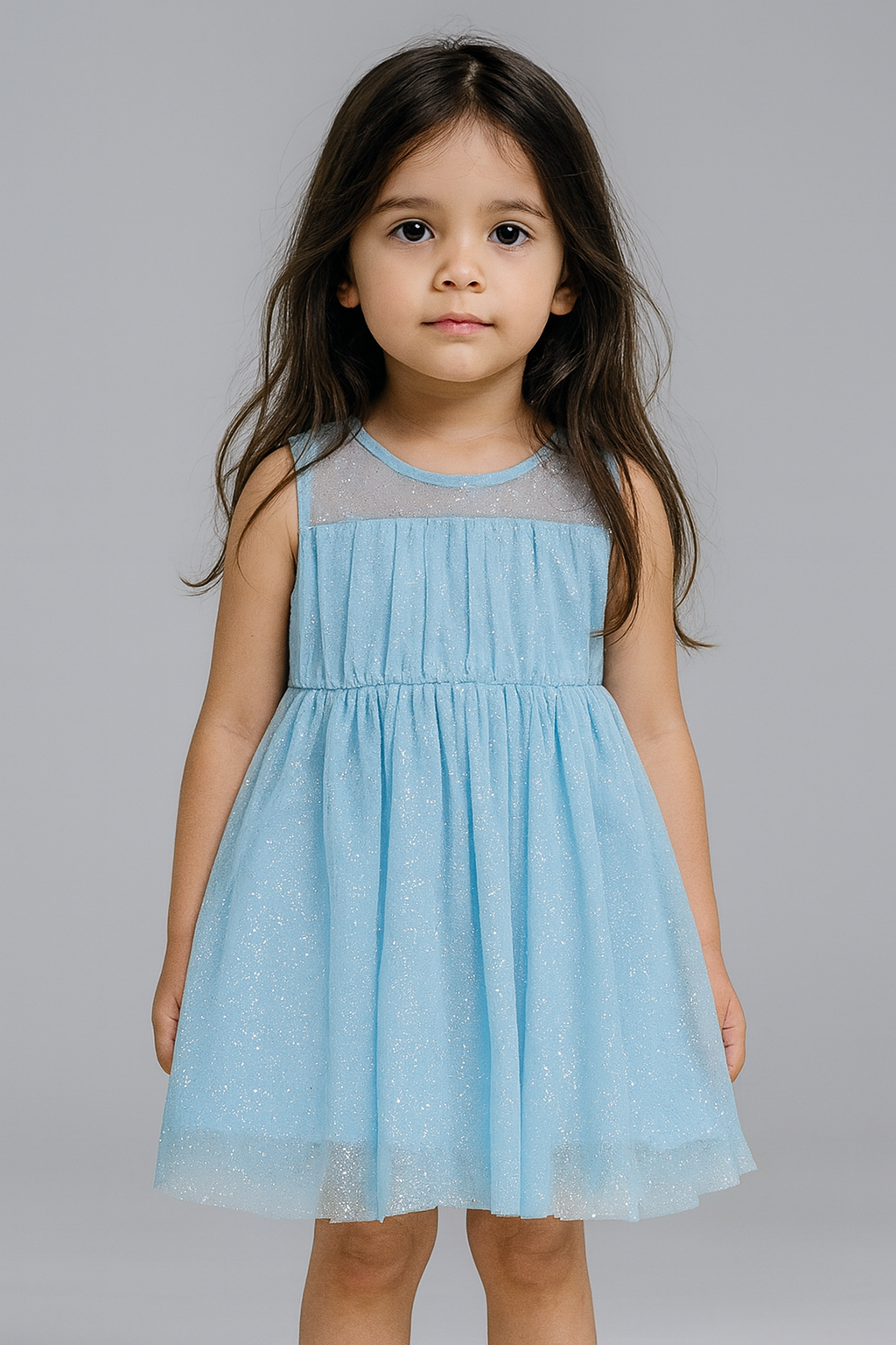 Glamorous Blue Glittery Kids Party Dress with Detachable bow