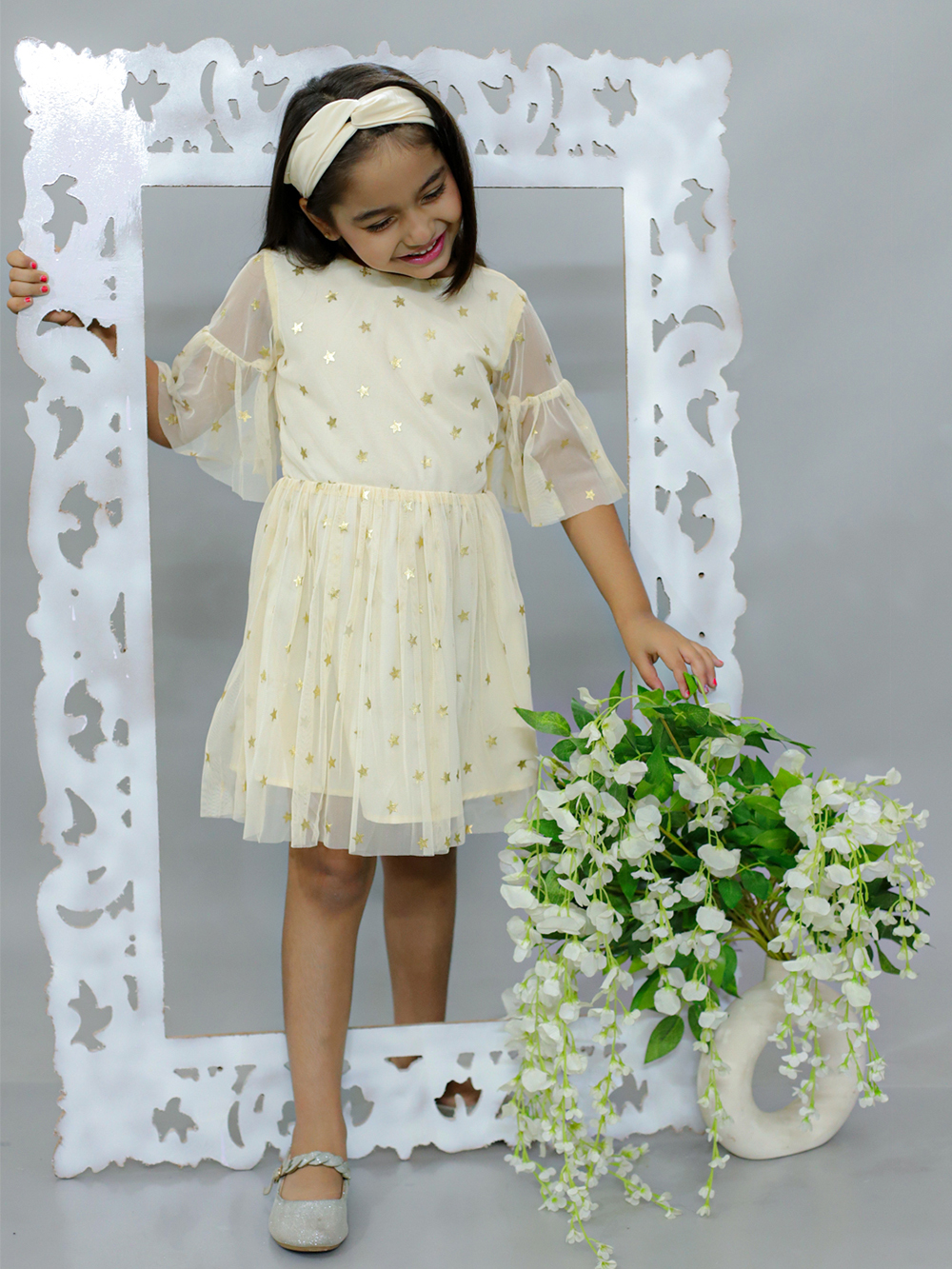 Enchanting Beige Starry Magic Kids Party Dress