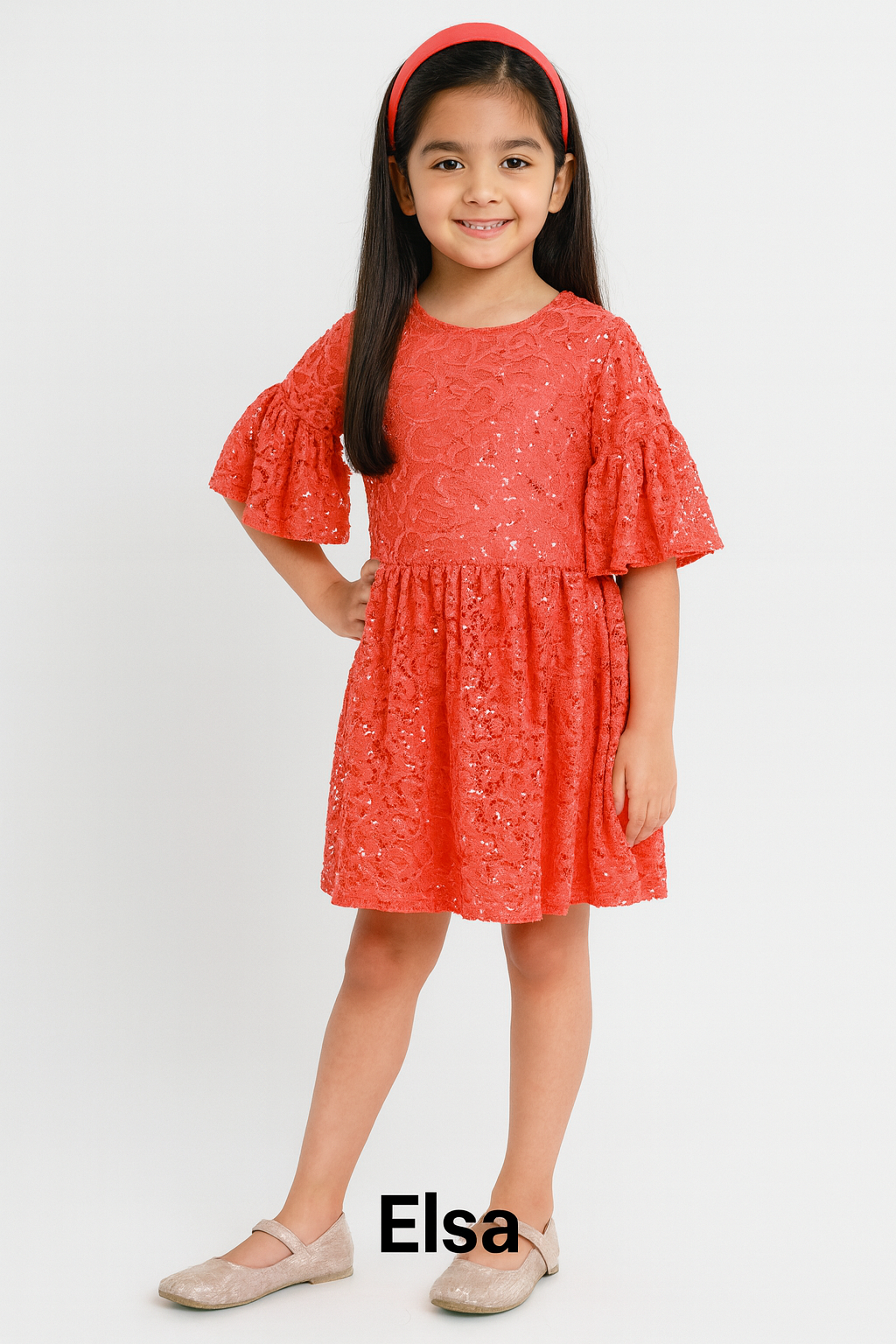 Enchanting Orange Design Net Fit and Flare Party Dress