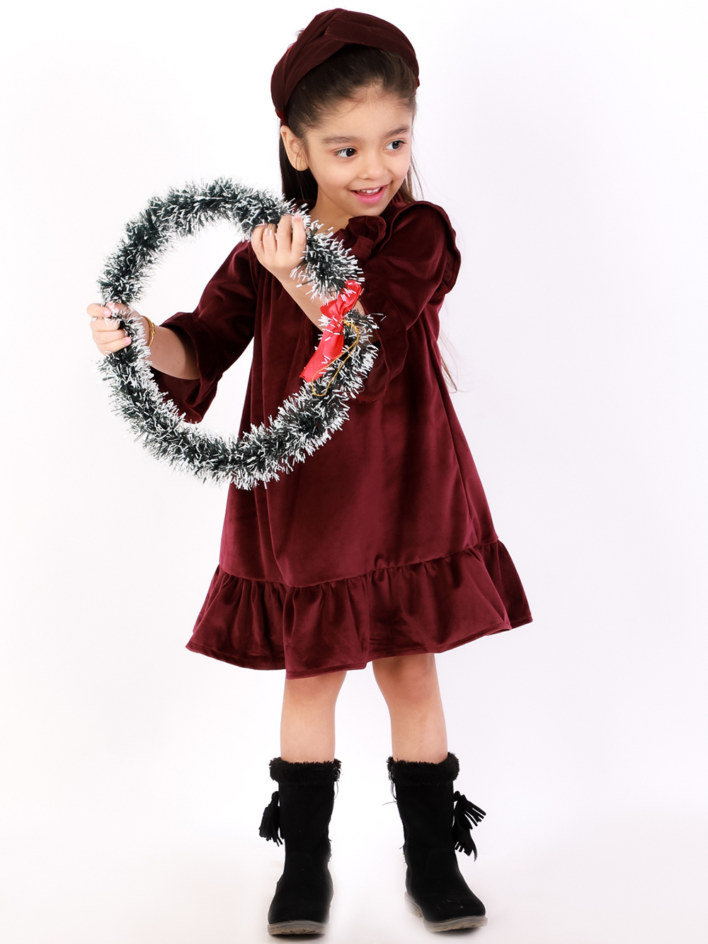 Elegant Wine Velvet Full Sleeves A-Line Dress