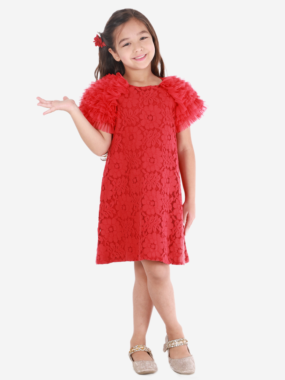 Red Reglan Sleeves Design Net Dress