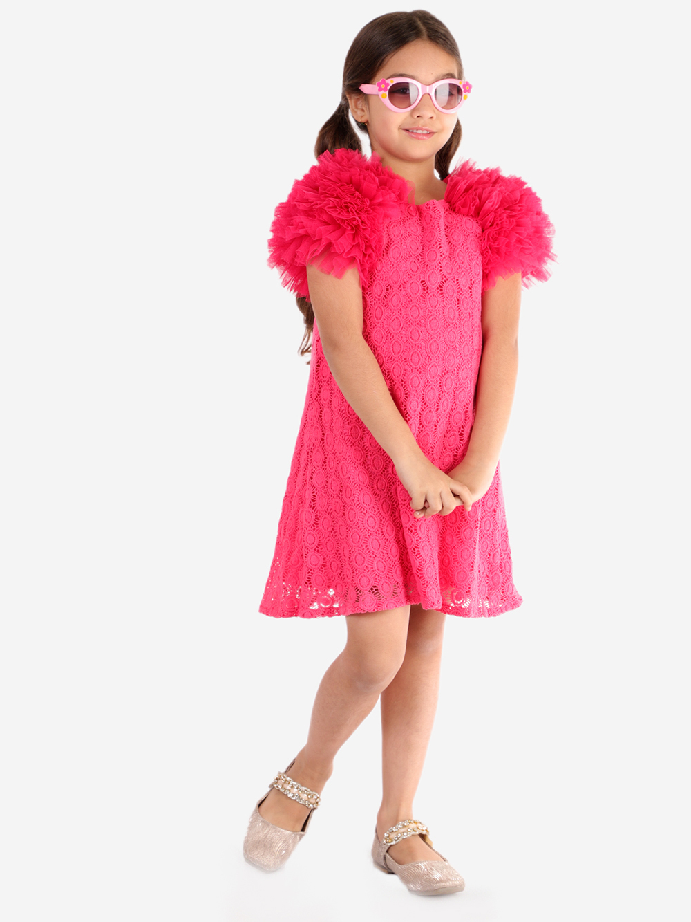 Magenta Reglan Sleeves Design Net Dress